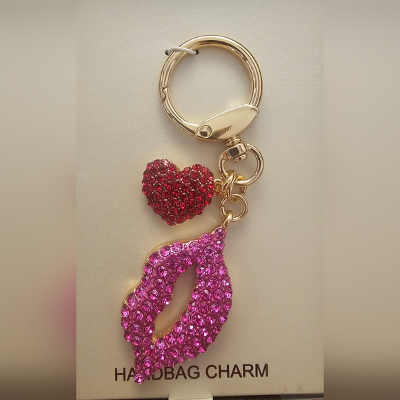 SPARKLING Pink Lips & Red Heart Bag Charm Or Keychain Brand New In Gift Box - Picture 7 of 9